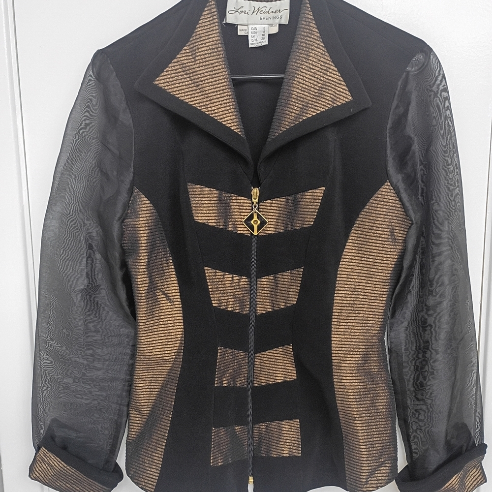 Vintage Black Jacket with Bronze Mesh Accents - Women's Tailored Zip Blazer - Picture 2 of 12